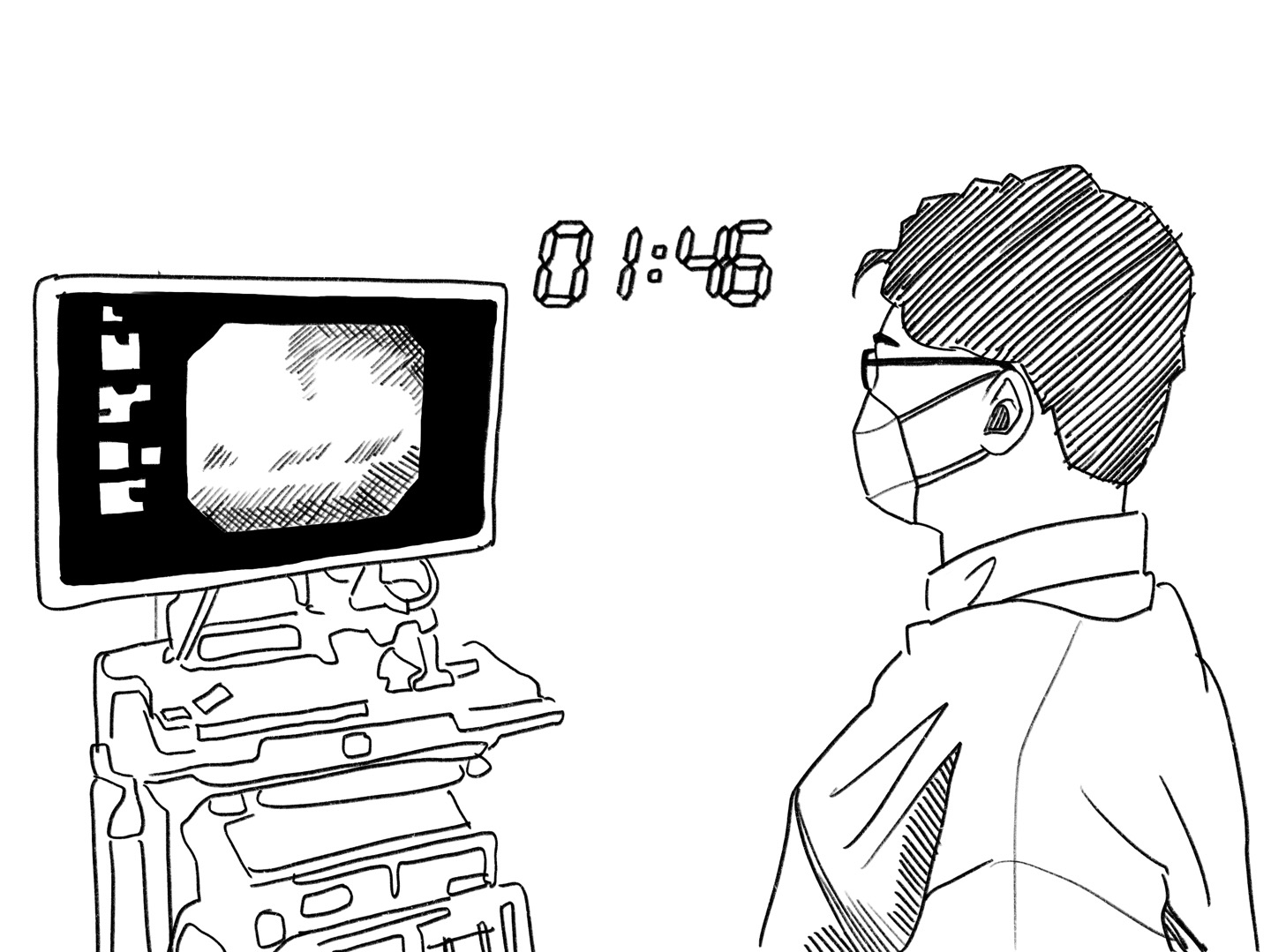 Figure 1 — line-drawing illustration of wall-mounted stopwatch in endoscopist's visual field